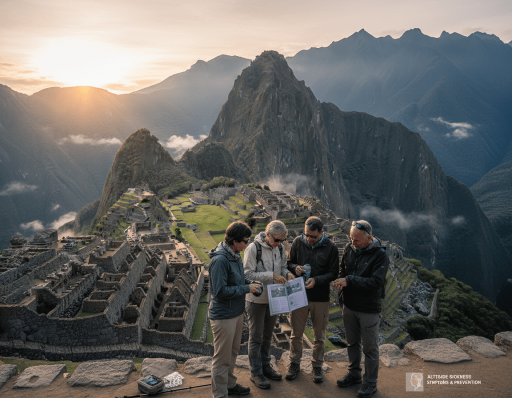 A scenic view of Machu Picchu at sunrise, showcasing the iconic ancient ruins nestled in the Andes mountains. In the foreground, a small group of tourists in modest casual clothing, wearing lightweight jackets and sunglasses, are consulting a guidebook, appearing engaged and aware of altitude sickness risks. The middle ground features the steep, lush green mountains surrounding the ruins, with a light mist hovering over the valleys. In the background, the towering peaks are bathed in warm golden light, creating a sense of elevation and awe. The atmosphere is tranquil yet educational, with soft, diffused lighting highlighting the natural beauty and cultural significance of the site. The image captures a moment of preparation and awareness, emphasizing the importance of precaution for at-risk groups.