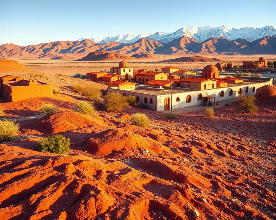 A scenic view of San Pedro de Atacama, Chile, showcasing its captivating arid landscape. In the foreground, vibrant reddish-brown clay formations reveal intricate textures, while scattered desert shrubs add subtle splashes of green. The middle ground features traditional adobe buildings with vibrant orange rooftops, blended seamlessly with the striking backdrop of the Andes mountains, dusted with snow, under a clear blue sky. The lighting is warm and golden, suggesting late afternoon, casting long shadows that enhance the textures and patterns in the terrain. A sense of tranquility pervades the scene, inviting viewers to explore the unique blend of natural beauty and cultural heritage, emphasizing the cost-effective travel experience. The image is shot from a low angle to emphasize the majestic landscape.