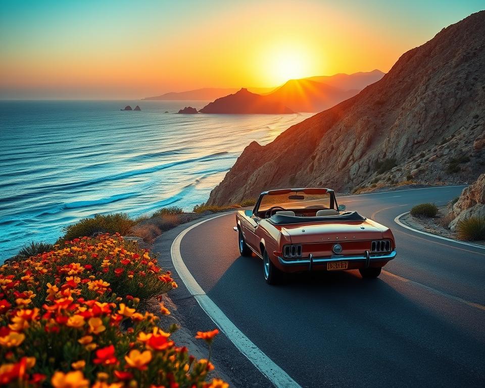 A scenic view of a Baja California road trip, featuring a winding coastal highway lined with vibrant wildflowers in the foreground, set against rugged desert landscapes. In the middle, a classic convertible car, its canvas top down, drives along the smooth asphalt road, evoking a sense of freedom and adventure. The sun sets in the background, casting golden rays that illuminate the ocean waves crashing against the cliffs, reflecting a warm, inviting glow across the scene. A few distant mountains can be seen, their silhouettes darkening as the sky transitions from blue to hues of orange and pink. The atmosphere is relaxed and joyful, perfect for a road trip, capturing the essence of adventure in Mexico's stunning landscapes.