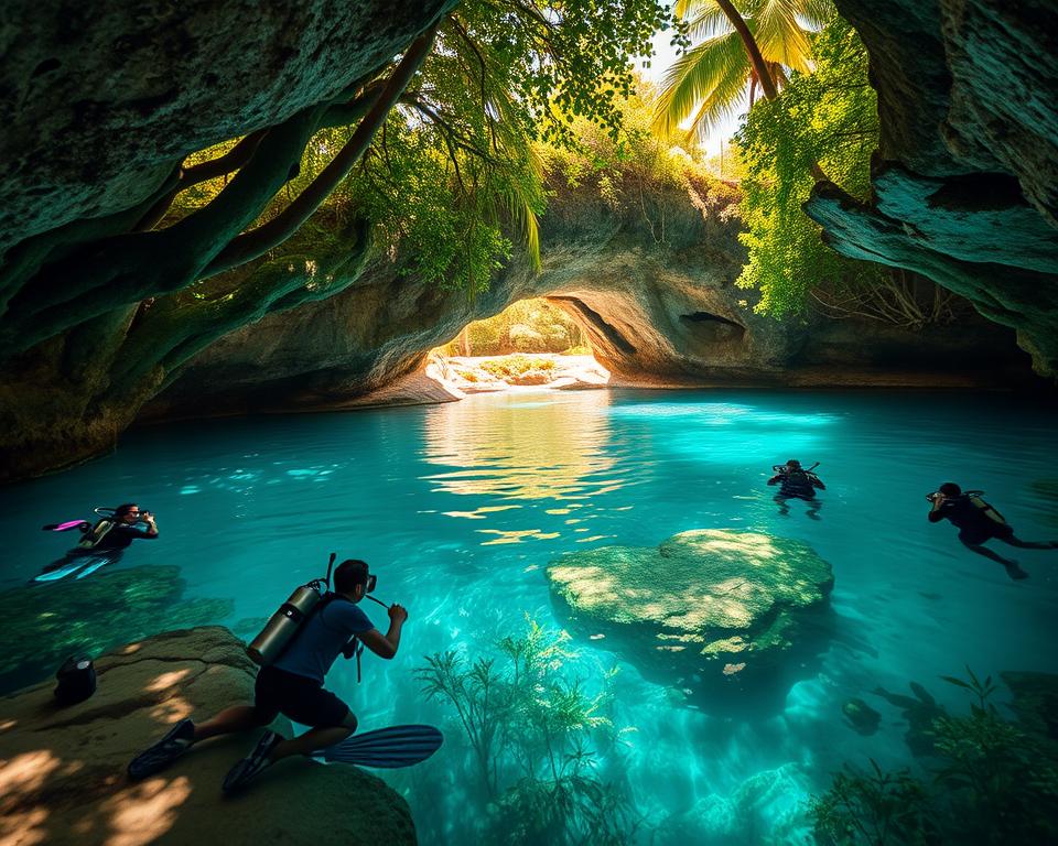 A scenic view of a beautiful cenote in Mexico during the best travel season, showcasing vibrant turquoise waters surrounded by lush greenery. In the foreground, a small group of divers in modest casual clothing is exploring the underwater visuals with clear visibility, showcasing fascinating rock formations and submerged plants. The midground features the cenote’s natural stone arch and sunlight streaming through the overhanging trees, casting dappled light on the water's surface. The background has a tropical landscape, with palm trees framing the scene. The mood evokes tranquility and adventure, emphasized by the warm golden hour lighting. Capture this moment with a wide-angle lens to include both the rich colors and the expansive natural setting. A scenic view of a beautiful cenote in Mexico during the best travel season, showcasing vibrant turquoise waters surrounded by lush greenery. In the foreground, a small group of divers in modest casual clothing is exploring the underwater visuals with clear visibility, showcasing fascinating rock formations and submerged plants. The midground features the cenote’s natural stone arch and sunlight streaming through the overhanging trees, casting dappled light on the water's surface. The background has a tropical landscape, with palm trees framing the scene. The mood evokes tranquility and adventure, emphasized by the warm golden hour lighting. Capture this moment with a wide-angle lens to include both the rich colors and the expansive natural setting.