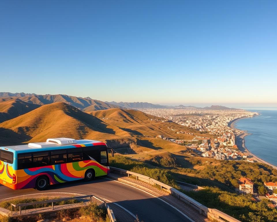 A scenic view of a vibrant bus journey from Santiago to Valparaíso, capturing the stunning landscapes along the way. In the foreground, a colorful intercity bus winds along a mountain road with panoramic views. The middle ground features rolling hills dotted with lush greenery, while in the far background, the iconic coastal city of Valparaíso comes into view, showcasing its famous brightly painted houses cascading down the hills towards the ocean. The scene is illuminated by warm, golden sunlight, casting a soft glow on the bus and landscape. The atmosphere feels inviting and adventurous, with clear blue skies overhead and a hint of a coastal breeze. The image captures the essence of travel and discovery in beautiful Chile. A scenic view of a vibrant bus journey from Santiago to Valparaíso, capturing the stunning landscapes along the way. In the foreground, a colorful intercity bus winds along a mountain road with panoramic views. The middle ground features rolling hills dotted with lush greenery, while in the far background, the iconic coastal city of Valparaíso comes into view, showcasing its famous brightly painted houses cascading down the hills towards the ocean. The scene is illuminated by warm, golden sunlight, casting a soft glow on the bus and landscape. The atmosphere feels inviting and adventurous, with clear blue skies overhead and a hint of a coastal breeze. The image captures the essence of travel and discovery in beautiful Chile.