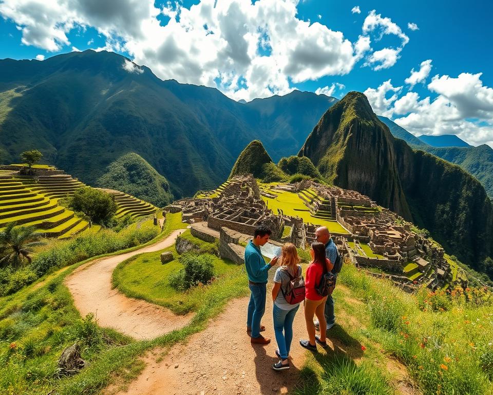 A scenic view of an ancient Peruvian archaeological site, showcasing terraced landscapes with rich green foliage and rugged mountains in the background. In the foreground, a winding dirt path leads towards the ruins of a stone temple, partially covered with moss and surrounded by vibrant wildflowers. Sunlight filters through scattered clouds, casting dappled shadows on the ground, creating a serene yet mysterious atmosphere. Include a small group of travelers in modest casual clothing, examining a map, with expressions of excitement and curiosity. Capture this moment from a slightly elevated angle, giving a panoramic view that emphasizes the grandeur of the site and the natural beauty of the Andean landscape. A scenic view of an ancient Peruvian archaeological site, showcasing terraced landscapes with rich green foliage and rugged mountains in the background. In the foreground, a winding dirt path leads towards the ruins of a stone temple, partially covered with moss and surrounded by vibrant wildflowers. Sunlight filters through scattered clouds, casting dappled shadows on the ground, creating a serene yet mysterious atmosphere. Include a small group of travelers in modest casual clothing, examining a map, with expressions of excitement and curiosity. Capture this moment from a slightly elevated angle, giving a panoramic view that emphasizes the grandeur of the site and the natural beauty of the Andean landscape.