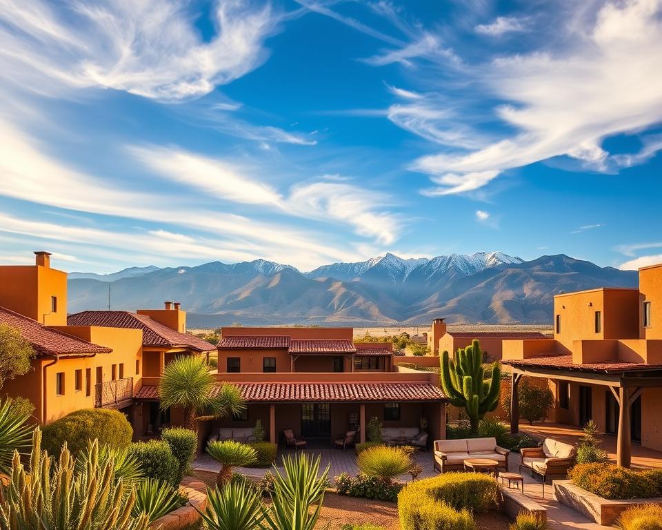 A scenic view of hotels in San Pedro de Atacama, showcasing a range of accommodations from rustic lodges to modern hotels. In the foreground, lush desert gardens with indigenous plants surround quaint adobe-style buildings with terracotta roofs. The middle ground features inviting patios with cozy seating, accented by traditional Chilean decor. The backdrop is dominated by the breathtaking Andes Mountains under a brilliant blue sky, with wispy clouds adding to the tranquility. The lighting is warm and golden, suggesting a late afternoon sun, casting soft shadows that enhance the welcoming atmosphere. The composition captures the serene and inviting essence of San Pedro de Atacama’s hospitality, perfect for travelers seeking unique lodging experiences.