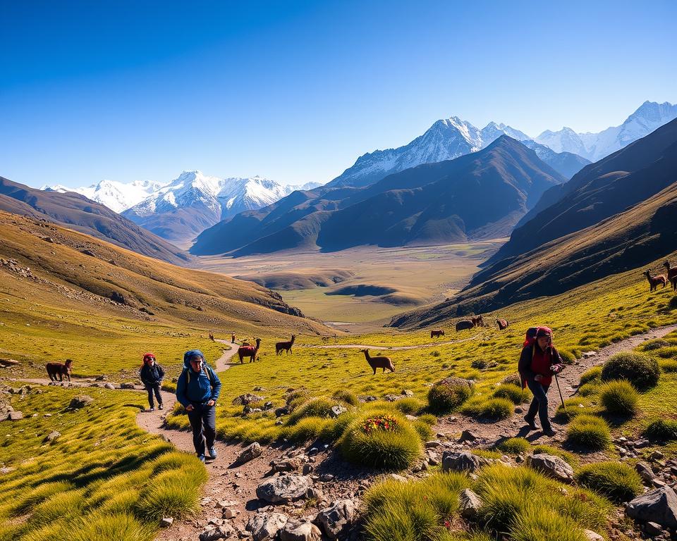 A scenic view of the Andean highlands in South America, showcasing majestic snow-capped peaks under a clear blue sky. In the foreground, a rugged trail winds through vibrant green grasses and rocks, with a few trekkers in professional outdoor attire carrying backpacks, highlighting a spirit of adventure. The middle ground features picturesque valleys dotted with patches of colorful wildflowers and scattered llamas grazing peacefully. In the background, iconic peaks loom impressively, illuminated by the warm glow of the late afternoon sun, casting long shadows and creating a dramatic atmosphere. The scene conveys a sense of exploration and budget-friendly travel amidst breathtaking natural beauty, captured with a wide-angle lens to emphasize the vastness of the landscape. A scenic view of the Andean highlands in South America, showcasing majestic snow-capped peaks under a clear blue sky. In the foreground, a rugged trail winds through vibrant green grasses and rocks, with a few trekkers in professional outdoor attire carrying backpacks, highlighting a spirit of adventure. The middle ground features picturesque valleys dotted with patches of colorful wildflowers and scattered llamas grazing peacefully. In the background, iconic peaks loom impressively, illuminated by the warm glow of the late afternoon sun, casting long shadows and creating a dramatic atmosphere. The scene conveys a sense of exploration and budget-friendly travel amidst breathtaking natural beauty, captured with a wide-angle lens to emphasize the vastness of the landscape.