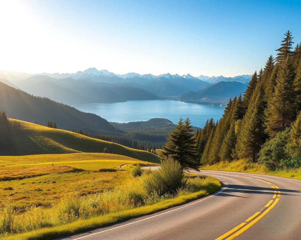A scenic view of the Nahuel Huapi Route in Patagonia, Argentina, featuring lush green forests on both sides of a winding road. In the foreground, a well-maintained asphalt road curves gently, inviting travelers to explore. The middle ground showcases rolling hills dotted with vibrant wildflowers, while the stunning Nahuel Huapi Lake shimmers in the distance under bright blue skies. The background features majestic snow-capped mountains, casting shadows as the sun sets, creating a warm golden hour glow. Use a wide-angle lens perspective to capture the expansive landscape, conveying a sense of adventure and tranquility. The atmosphere is serene and inviting, perfect for a weekend getaway or a longer journey through this breathtaking region. A scenic view of the Nahuel Huapi Route in Patagonia, Argentina, featuring lush green forests on both sides of a winding road. In the foreground, a well-maintained asphalt road curves gently, inviting travelers to explore. The middle ground showcases rolling hills dotted with vibrant wildflowers, while the stunning Nahuel Huapi Lake shimmers in the distance under bright blue skies. The background features majestic snow-capped mountains, casting shadows as the sun sets, creating a warm golden hour glow. Use a wide-angle lens perspective to capture the expansive landscape, conveying a sense of adventure and tranquility. The atmosphere is serene and inviting, perfect for a weekend getaway or a longer journey through this breathtaking region.