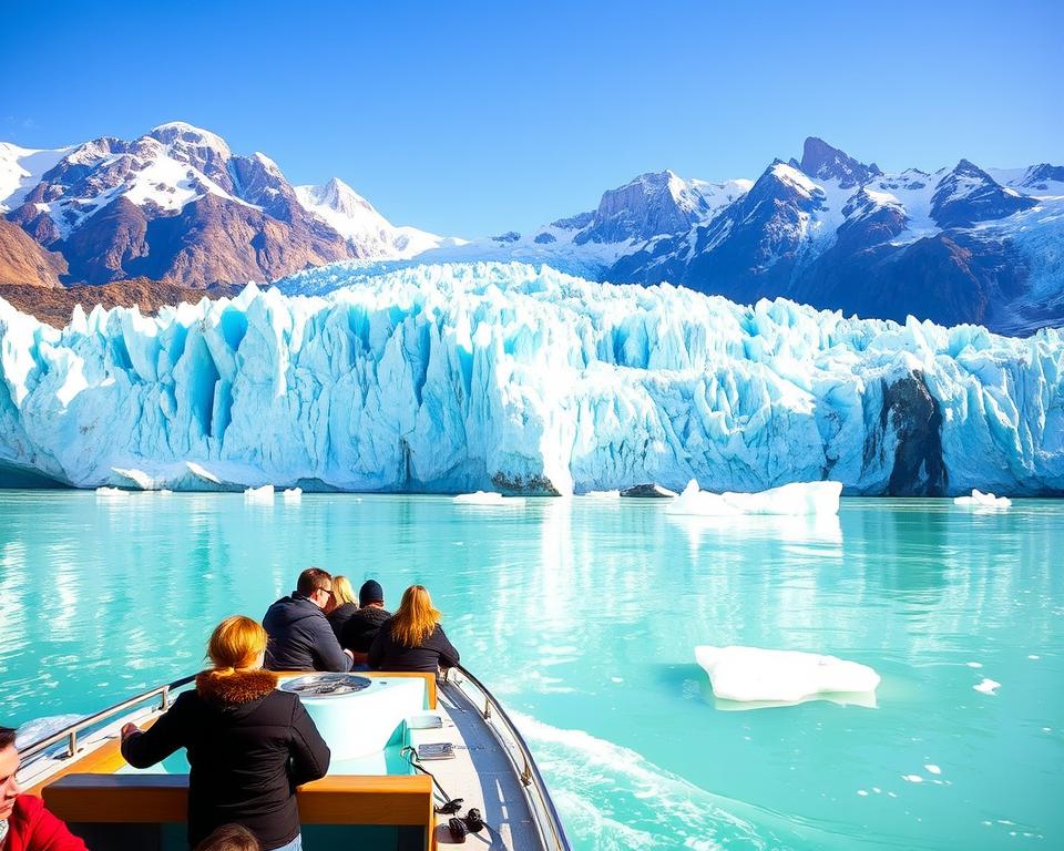 A scenic view of the Perito Moreno Glacier as seen from a boat tour, showcasing the majestic blue ice formations and towering glacier walls. In the foreground, a small boat with passengers clad in warm, casual clothing marvels at the natural beauty around them. The middle ground highlights the clear turquoise waters reflecting the glaciers, with icebergs floating gently by. In the background, the expansive glacial landscape is bathed in soft golden sunlight, enhancing the textures and colors of the ice. A clear, blue sky provides a stunning contrast to the icy landscape. The atmosphere conveys a sense of adventure and awe amidst nature's grandeur, inviting viewers to explore the wonders of the glacier. A scenic view of the Perito Moreno Glacier as seen from a boat tour, showcasing the majestic blue ice formations and towering glacier walls. In the foreground, a small boat with passengers clad in warm, casual clothing marvels at the natural beauty around them. The middle ground highlights the clear turquoise waters reflecting the glaciers, with icebergs floating gently by. In the background, the expansive glacial landscape is bathed in soft golden sunlight, enhancing the textures and colors of the ice. A clear, blue sky provides a stunning contrast to the icy landscape. The atmosphere conveys a sense of adventure and awe amidst nature's grandeur, inviting viewers to explore the wonders of the glacier.