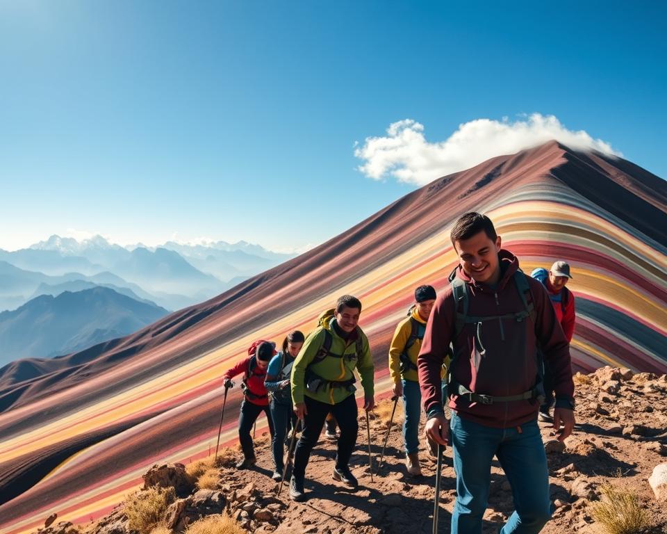 A scenic view of the Rainbow Mountain in Peru, showcasing its vibrant colors against a clear blue sky. In the foreground, depict a diverse group of hikers dressed in professional outdoor clothing, carefully navigating the trail while maintaining a safe distance from the edge. Capture them mid-journey, with expressions of determination and awe. The middle ground features the colorful striated hills of the mountain, highlighted by the sunlight, casting gentle shadows. In the background, extend the view of the majestic Andes mountains, shrouded in wispy clouds, enhancing the sense of adventure. The lighting should be bright and natural, evoking a sense of warmth and exploration. The overall atmosphere is one of safety, health, and the beauty of nature, inviting the viewer to feel inspired and engaged with the environment. A scenic view of the Rainbow Mountain in Peru, showcasing its vibrant colors against a clear blue sky. In the foreground, depict a diverse group of hikers dressed in professional outdoor clothing, carefully navigating the trail while maintaining a safe distance from the edge. Capture them mid-journey, with expressions of determination and awe. The middle ground features the colorful striated hills of the mountain, highlighted by the sunlight, casting gentle shadows. In the background, extend the view of the majestic Andes mountains, shrouded in wispy clouds, enhancing the sense of adventure. The lighting should be bright and natural, evoking a sense of warmth and exploration. The overall atmosphere is one of safety, health, and the beauty of nature, inviting the viewer to feel inspired and engaged with the environment.