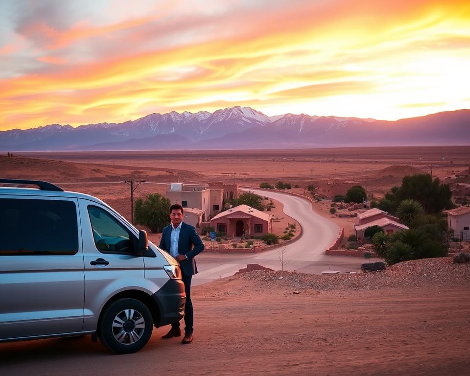 A scenic view of the San Pedro de Atacama desert, showcasing its unique geographic features. In the foreground, a modern vehicle awaits, symbolizing the transfer services from the airport to the desert town. The driver, dressed in professional attire, stands beside the vehicle, ready to assist travelers. In the middle ground, a winding dirt road leads into the village of San Pedro, flanked by picturesque Adobe buildings and indigenous flora. In the background, the majestic Andes mountains rise against a vivid sunset sky, casting warm orange and purple hues across the landscape. The atmosphere is tranquil yet adventurous, inviting the viewer to embark on a journey to this remarkable destination. The lighting captures the golden hour, enhancing the natural colors and textures of the scene, with a slight depth-of-field effect to emphasize the foreground elements.