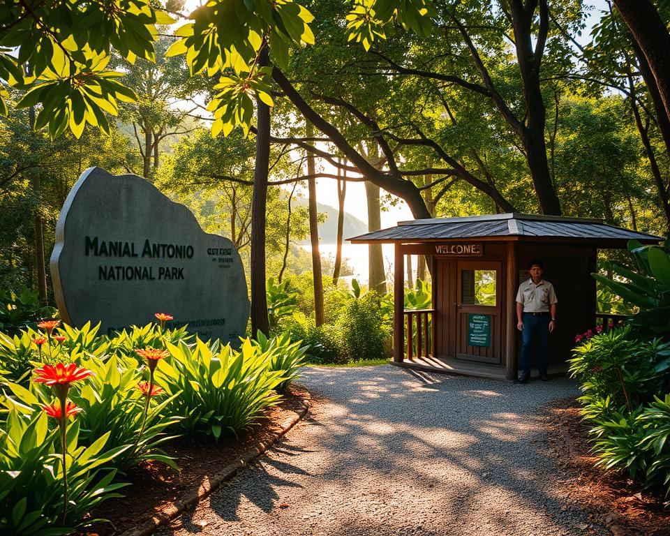 A scenic view of the entrance to Manuel Antonio National Park, showcasing the lush tropical landscape. In the foreground, a winding gravel path leads into the park, bordered by vibrant green vegetation and colorful tropical flowers. In the middle ground, a small ticket booth made of natural materials sits invitingly under a canopy of trees, where a friendly staff member in a casual uniform is welcoming visitors. The background features the dense rainforest, with towering trees and a hint of the shimmering ocean peeking through the foliage. The scene is illuminated by warm, soft sunlight filtering through the leaves, creating a tranquil and inviting atmosphere. The perspective is from a slightly elevated angle, capturing the essence of planning a stress-free visit to the park. A scenic view of the entrance to Manuel Antonio National Park, showcasing the lush tropical landscape. In the foreground, a winding gravel path leads into the park, bordered by vibrant green vegetation and colorful tropical flowers. In the middle ground, a small ticket booth made of natural materials sits invitingly under a canopy of trees, where a friendly staff member in a casual uniform is welcoming visitors. The background features the dense rainforest, with towering trees and a hint of the shimmering ocean peeking through the foliage. The scene is illuminated by warm, soft sunlight filtering through the leaves, creating a tranquil and inviting atmosphere. The perspective is from a slightly elevated angle, capturing the essence of planning a stress-free visit to the park.