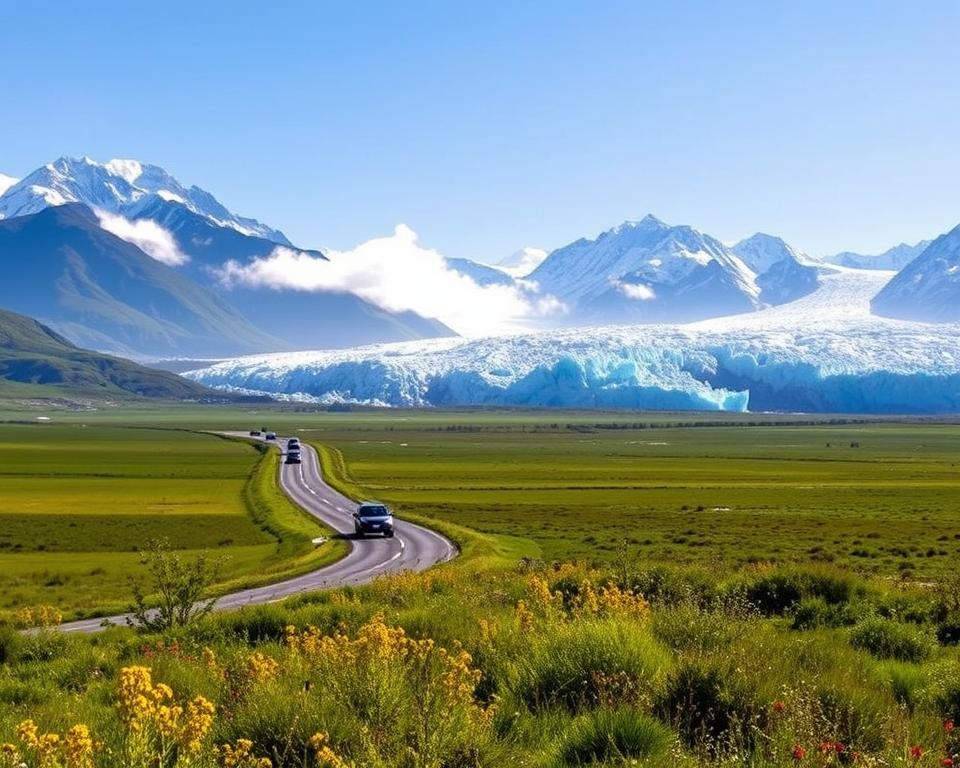 A scenic view of the journey from El Calafate to the stunning Perito Moreno Glacier, showcasing the vibrant landscapes of Patagonia. In the foreground, a well-maintained road winds through vast fields of green grass and wildflowers, with a few vehicles traveling toward the national park. In the middle ground, majestic mountains rise, partially obscured by morning mist, their peaks dusted with snow. The background features the colossal ice formations of the Perito Moreno Glacier, glistening under bright sunlight, reflecting shades of blue and white. The atmosphere is serene and awe-inspiring, conveying a sense of adventure and natural beauty. Use a wide-angle lens to capture the expansive landscape and ensure the lighting emphasizes the clarity and vibrancy of the scene. A scenic view of the journey from El Calafate to the stunning Perito Moreno Glacier, showcasing the vibrant landscapes of Patagonia. In the foreground, a well-maintained road winds through vast fields of green grass and wildflowers, with a few vehicles traveling toward the national park. In the middle ground, majestic mountains rise, partially obscured by morning mist, their peaks dusted with snow. The background features the colossal ice formations of the Perito Moreno Glacier, glistening under bright sunlight, reflecting shades of blue and white. The atmosphere is serene and awe-inspiring, conveying a sense of adventure and natural beauty. Use a wide-angle lens to capture the expansive landscape and ensure the lighting emphasizes the clarity and vibrancy of the scene.