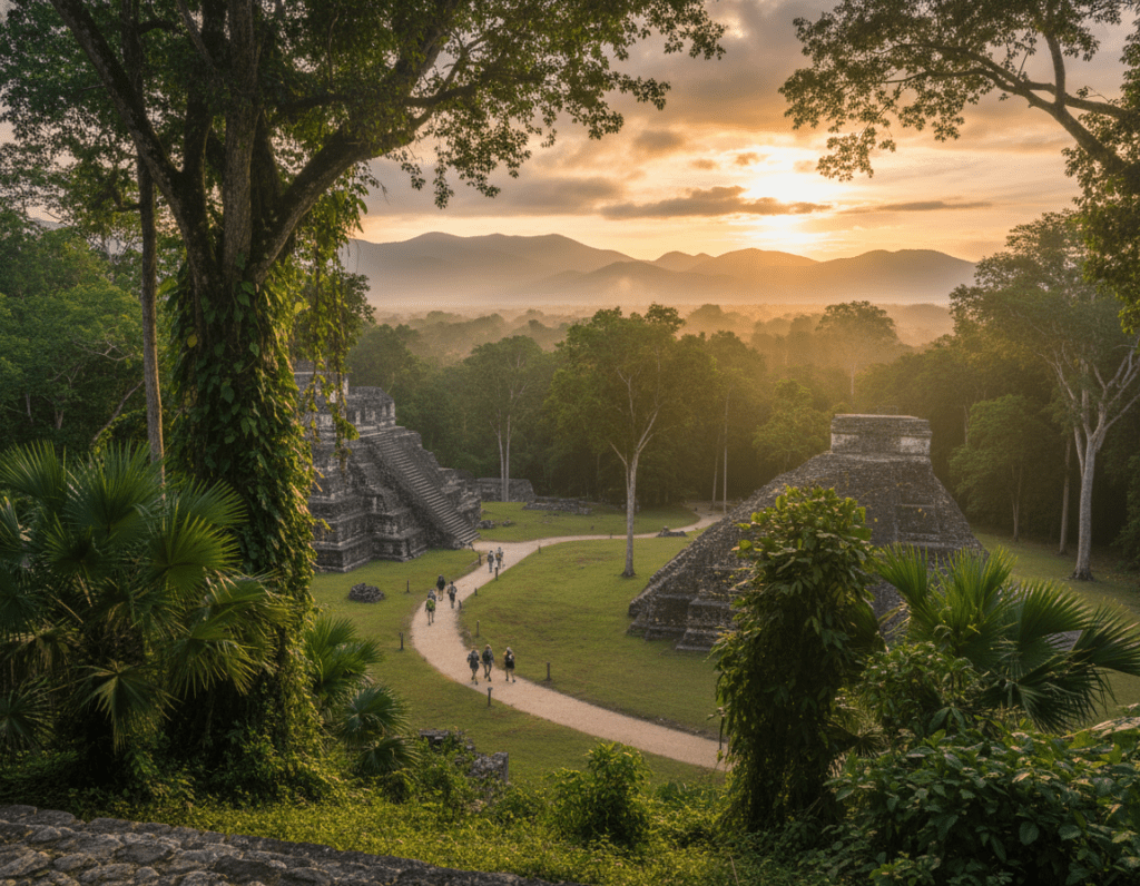 A scenic view of the journey to Tikal, Guatemala, showcasing a lush jungle landscape filled with vibrant green foliage and towering ancient trees in the foreground. In the middle ground, a winding dirt path leads travelers through the dense vegetation, with hints of Mayan ruins peeking through the trees, suggesting the mystique of Tikal. The background features misty mountains under a warm sunrise, casting a golden glow over the scene. Soft sunlight filters through the leaves, creating a tranquil and inviting atmosphere. The perspective is slightly elevated, mimicking the viewpoint of a traveler approaching this ancient city. This image captures the essence of adventure and discovery in the heart of the Guatemalan jungle. A scenic view of the journey to Tikal, Guatemala, showcasing a lush jungle landscape filled with vibrant green foliage and towering ancient trees in the foreground. In the middle ground, a winding dirt path leads travelers through the dense vegetation, with hints of Mayan ruins peeking through the trees, suggesting the mystique of Tikal. The background features misty mountains under a warm sunrise, casting a golden glow over the scene. Soft sunlight filters through the leaves, creating a tranquil and inviting atmosphere. The perspective is slightly elevated, mimicking the viewpoint of a traveler approaching this ancient city. This image captures the essence of adventure and discovery in the heart of the Guatemalan jungle.