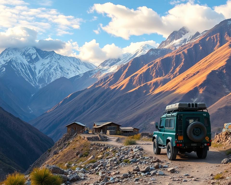 A scenic view showcasing the Andean mountain range, with rugged peaks capped in snow and deep valleys below, illustrating transport logistics in the region. In the foreground, a sturdy off-road vehicle navigates a rocky trail, symbolizing adventurous travel. In the middle ground, a small village with traditional adobe houses is nestled against the mountainside, and local people in modest clothing engage in daily activities. In the background, towering peaks rise dramatically, their slopes bathed in warm, golden sunlight as clouds drift lazily overhead. Capture this scene in a wide-angle perspective to emphasize vastness, with soft, natural lighting to create a serene and inspiring atmosphere, reflecting the beauty and challenges of logistics in the Andes. A scenic view showcasing the Andean mountain range, with rugged peaks capped in snow and deep valleys below, illustrating transport logistics in the region. In the foreground, a sturdy off-road vehicle navigates a rocky trail, symbolizing adventurous travel. In the middle ground, a small village with traditional adobe houses is nestled against the mountainside, and local people in modest clothing engage in daily activities. In the background, towering peaks rise dramatically, their slopes bathed in warm, golden sunlight as clouds drift lazily overhead. Capture this scene in a wide-angle perspective to emphasize vastness, with soft, natural lighting to create a serene and inspiring atmosphere, reflecting the beauty and challenges of logistics in the Andes.