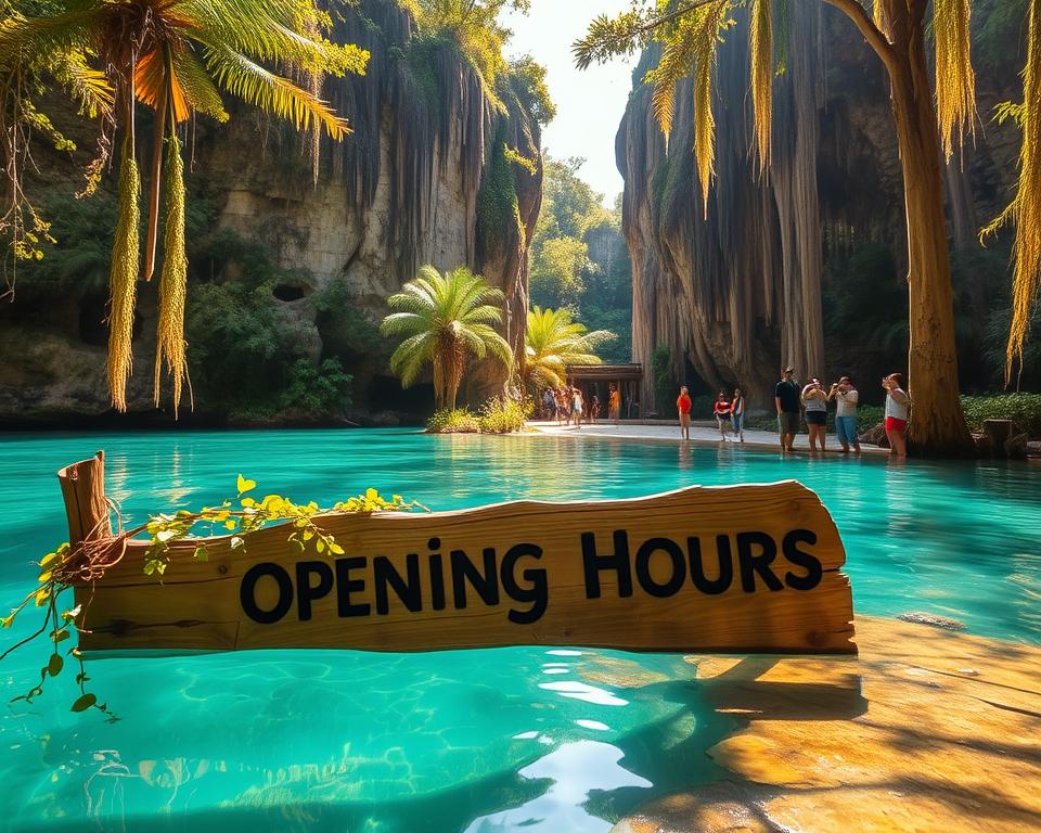 A serene Yucatan cenote surrounded by lush, tropical vegetation, showcasing crystal-clear turquoise waters reflecting the sunlight. In the foreground, a wooden sign with the words "Opening Hours" artistically carved into it lies partially submerged near the water's edge, adorned with green vines. In the middle ground, visitors dressed in modest casual clothing are enjoying the peaceful scenery, taking photographs, and admiring the unique rock formations and hanging vines. The background features towering limestone cliffs and dense jungle, bathed in warm afternoon light that enhances the vibrant colors. The atmosphere is tranquil and inviting, evoking a sense of adventure and exploration in nature. Use a wide-angle lens to capture the expansive beauty of this hidden gem, focusing on the interplay between light and shadow. A serene Yucatan cenote surrounded by lush, tropical vegetation, showcasing crystal-clear turquoise waters reflecting the sunlight. In the foreground, a wooden sign with the words "Opening Hours" artistically carved into it lies partially submerged near the water's edge, adorned with green vines. In the middle ground, visitors dressed in modest casual clothing are enjoying the peaceful scenery, taking photographs, and admiring the unique rock formations and hanging vines. The background features towering limestone cliffs and dense jungle, bathed in warm afternoon light that enhances the vibrant colors. The atmosphere is tranquil and inviting, evoking a sense of adventure and exploration in nature. Use a wide-angle lens to capture the expansive beauty of this hidden gem, focusing on the interplay between light and shadow.