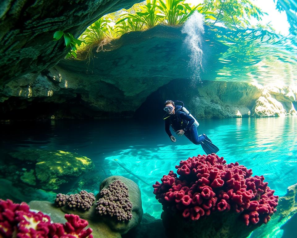 A serene and captivating underwater scene showcasing a safe diving experience in a cenote in Mexico. In the foreground, a diver in professional diving gear is exploring vibrant coral formations, observing the stunning aquatic life. The middle ground features crystal-clear water illuminated by dappled sunlight filtering through the surface, casting intricate patterns on the rocky walls of the cenote. In the background, lush greenery surrounds the entrance of the cenote, creating a sense of natural tranquility. The atmosphere is peaceful and inviting, encouraging safe exploration. Capture this scene with a wide-angle lens to emphasize the depth and beauty of the underwater environment, highlighting both the diver and the natural elements around them. A serene and captivating underwater scene showcasing a safe diving experience in a cenote in Mexico. In the foreground, a diver in professional diving gear is exploring vibrant coral formations, observing the stunning aquatic life. The middle ground features crystal-clear water illuminated by dappled sunlight filtering through the surface, casting intricate patterns on the rocky walls of the cenote. In the background, lush greenery surrounds the entrance of the cenote, creating a sense of natural tranquility. The atmosphere is peaceful and inviting, encouraging safe exploration. Capture this scene with a wide-angle lens to emphasize the depth and beauty of the underwater environment, highlighting both the diver and the natural elements around them.