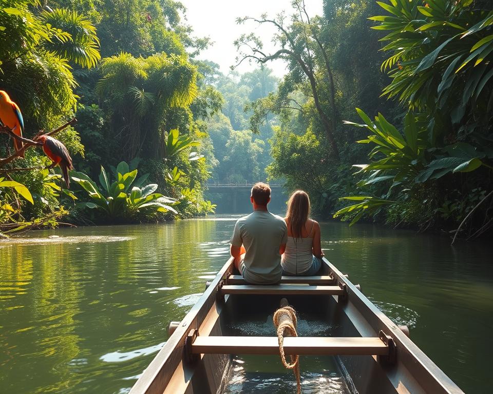 A serene and enchanting scene depicting a boat tour through the lush waterways of Tortuguero National Park in Costa Rica. In the foreground, a small canoe glides gently through the clear water, with two travelers in modest clothing observing the rich wildlife. The middle ground features dense, vibrant greenery, showcasing a variety of tropical plants and trees, along with bright-colored birds perched on branches. In the background, soft sunlight filters through the canopy, casting dappled light on the water's surface, creating a calm and inviting atmosphere. The overall mood is tranquil and adventurous, highlighting the beauty and lush biodiversity of the national park. Use a high-quality lens to capture the detail and vibrancy of the natural surroundings, focusing on a slightly angled perspective that invites viewers into the scene. A serene and enchanting scene depicting a boat tour through the lush waterways of Tortuguero National Park in Costa Rica. In the foreground, a small canoe glides gently through the clear water, with two travelers in modest clothing observing the rich wildlife. The middle ground features dense, vibrant greenery, showcasing a variety of tropical plants and trees, along with bright-colored birds perched on branches. In the background, soft sunlight filters through the canopy, casting dappled light on the water's surface, creating a calm and inviting atmosphere. The overall mood is tranquil and adventurous, highlighting the beauty and lush biodiversity of the national park. Use a high-quality lens to capture the detail and vibrancy of the natural surroundings, focusing on a slightly angled perspective that invites viewers into the scene.