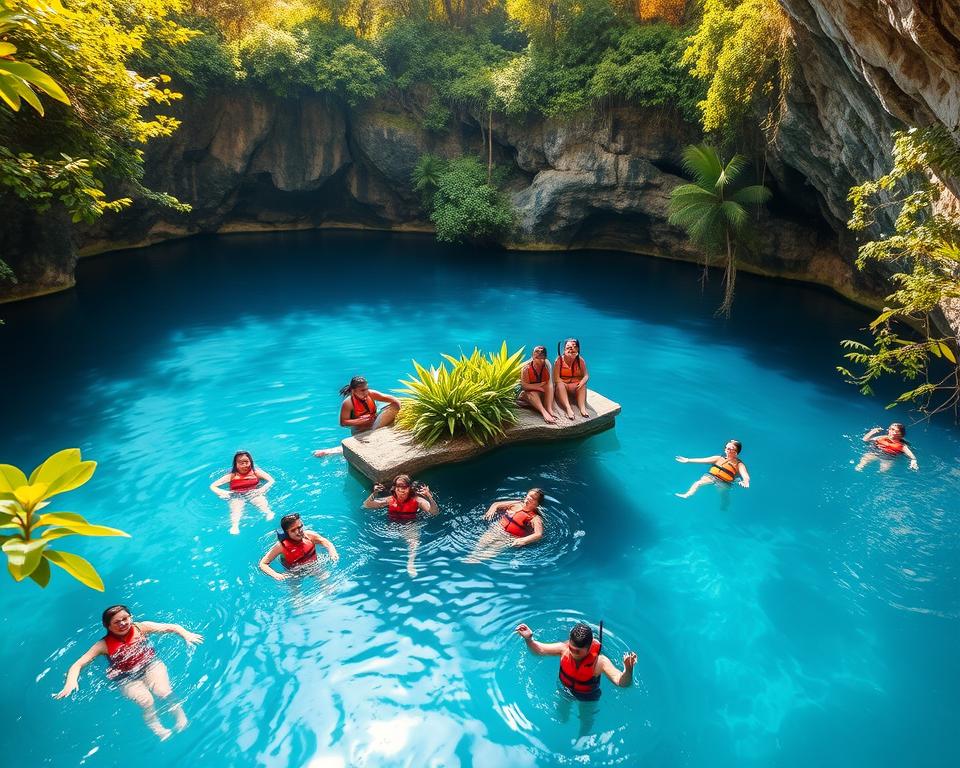 A serene and inviting cenote in Yucatan, featuring crystalline blue water surrounded by lush green jungle foliage. In the foreground, a small group of individuals in modest casual clothing enjoy swimming and snorkeling, displaying joy and curiosity while ensuring safety measures, such as life jackets and floating devices. In the middle, a rocky ledge adorned with vibrant tropical plants curves around the cenote, providing a natural seating area. The background reveals towering limestone cliffs lit by warm, golden sunlight filtering through the trees, creating dappled shadows on the water's surface. The atmosphere is tranquil and refreshing, evoking a sense of adventure and exploration while emphasizing the importance of safety in this breathtaking natural setting. A serene and inviting cenote in Yucatan, featuring crystalline blue water surrounded by lush green jungle foliage. In the foreground, a small group of individuals in modest casual clothing enjoy swimming and snorkeling, displaying joy and curiosity while ensuring safety measures, such as life jackets and floating devices. In the middle, a rocky ledge adorned with vibrant tropical plants curves around the cenote, providing a natural seating area. The background reveals towering limestone cliffs lit by warm, golden sunlight filtering through the trees, creating dappled shadows on the water's surface. The atmosphere is tranquil and refreshing, evoking a sense of adventure and exploration while emphasizing the importance of safety in this breathtaking natural setting.