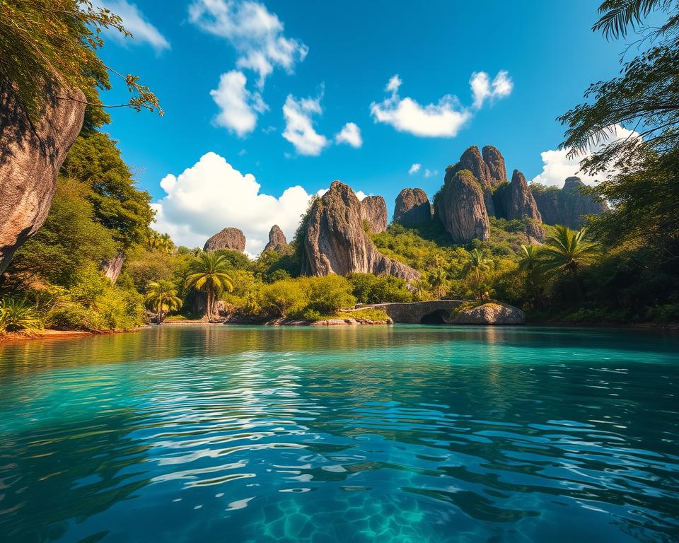 A serene and mystical cenote in Yucatan, surrounded by lush greenery and ancient limestone formations. In the foreground, crystal-clear turquoise water reflecting sunlight, with delicate ripples creating an inviting atmosphere. The middle ground features well-maintained paths leading to the cenote, with hints of local flora like vibrant orchids and palm trees framing the scene. In the background, the towering limestone cliffs rise majestically under a clear blue sky, with soft white clouds scattered above. The lighting is warm and golden, suggesting a late afternoon ambiance, enhancing the natural beauty. The entire setting conveys a sense of adventure and tranquility, perfect for exploring the hidden wonders of Yucatan's cenotes. The perspective is slightly elevated, providing a panoramic view that encourages exploration. A serene and mystical cenote in Yucatan, surrounded by lush greenery and ancient limestone formations. In the foreground, crystal-clear turquoise water reflecting sunlight, with delicate ripples creating an inviting atmosphere. The middle ground features well-maintained paths leading to the cenote, with hints of local flora like vibrant orchids and palm trees framing the scene. In the background, the towering limestone cliffs rise majestically under a clear blue sky, with soft white clouds scattered above. The lighting is warm and golden, suggesting a late afternoon ambiance, enhancing the natural beauty. The entire setting conveys a sense of adventure and tranquility, perfect for exploring the hidden wonders of Yucatan's cenotes. The perspective is slightly elevated, providing a panoramic view that encourages exploration.