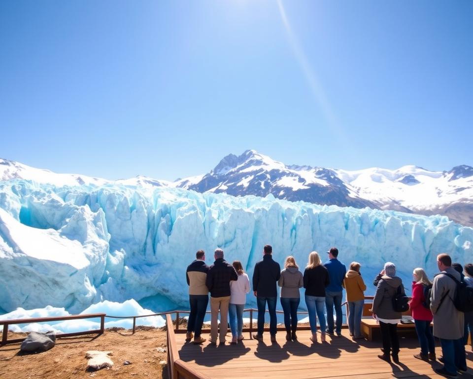 A serene and picturesque view of Perito Moreno Glacier in Argentina, showcasing a beautiful day with clear blue skies and vibrant sunlight casting reflections on the ice. In the foreground, a small wooden viewing platform with visitors in modest casual clothing, gazing in awe at the massive, bright blue ice formations. The middle ground features the striking, towering glacier with craggy ice walls and deep crevasses, while the background includes the rugged Andes mountains dusted with snow. Soft, warm lighting enhances the tranquil atmosphere, and a wide-angle perspective captures the grandeur of the landscape, evoking a sense of adventure and natural beauty. The scene is devoid of any text or watermarks, focusing purely on the stunning environment. A serene and picturesque view of Perito Moreno Glacier in Argentina, showcasing a beautiful day with clear blue skies and vibrant sunlight casting reflections on the ice. In the foreground, a small wooden viewing platform with visitors in modest casual clothing, gazing in awe at the massive, bright blue ice formations. The middle ground features the striking, towering glacier with craggy ice walls and deep crevasses, while the background includes the rugged Andes mountains dusted with snow. Soft, warm lighting enhances the tranquil atmosphere, and a wide-angle perspective captures the grandeur of the landscape, evoking a sense of adventure and natural beauty. The scene is devoid of any text or watermarks, focusing purely on the stunning environment.