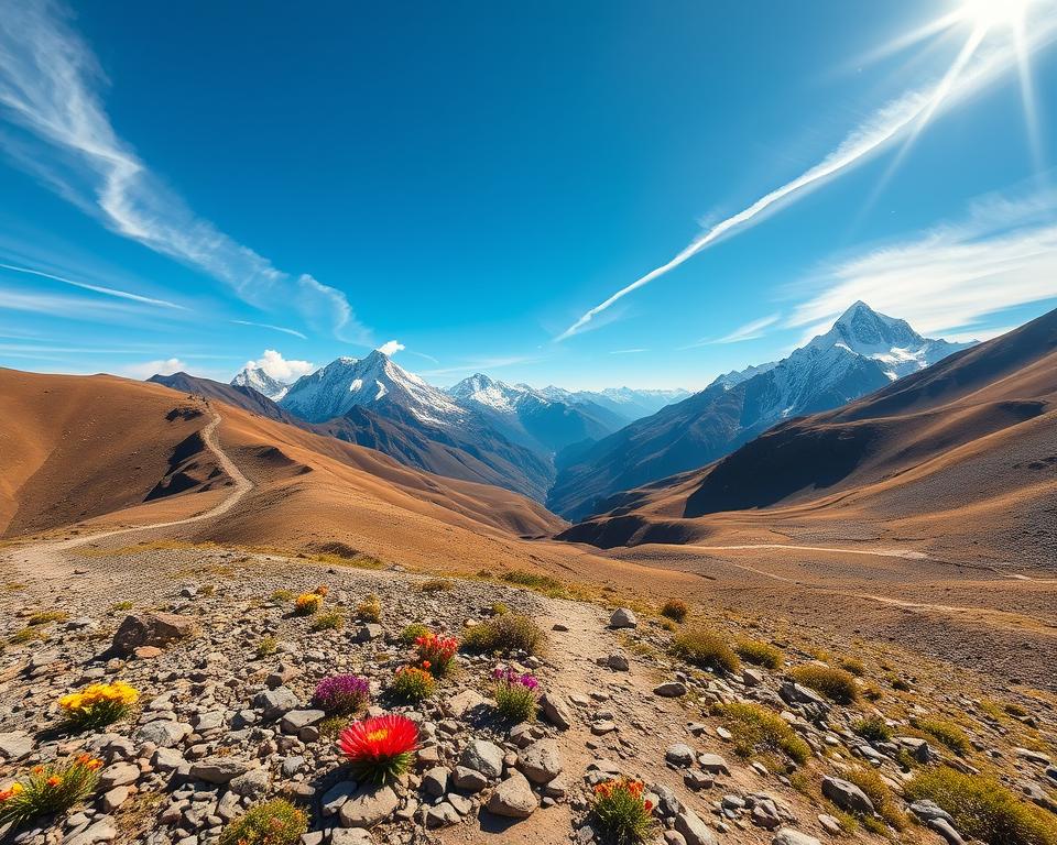 A serene and picturesque view of the Andean peaks, showcasing simple summits accessible for beginners. In the foreground, a rocky trail winds its way up to the base of the mountains, dotted with vibrant wildflowers. In the middle ground, gentle slopes lead to the foothills of the majestic, snow-capped peaks, which rise dramatically against a clear blue sky. The background features a sun-drenched panoramic view of the Andes, with wispy clouds drifting lazily. The lighting is warm and inviting, casting soft shadows that enhance the textures of the rocky terrain. Capture this landscape with a wide-angle lens to convey the vastness of the scene, creating a sense of adventure and tranquility, perfect for aspiring mountaineers. A serene and picturesque view of the Andean peaks, showcasing simple summits accessible for beginners. In the foreground, a rocky trail winds its way up to the base of the mountains, dotted with vibrant wildflowers. In the middle ground, gentle slopes lead to the foothills of the majestic, snow-capped peaks, which rise dramatically against a clear blue sky. The background features a sun-drenched panoramic view of the Andes, with wispy clouds drifting lazily. The lighting is warm and inviting, casting soft shadows that enhance the textures of the rocky terrain. Capture this landscape with a wide-angle lens to convey the vastness of the scene, creating a sense of adventure and tranquility, perfect for aspiring mountaineers.