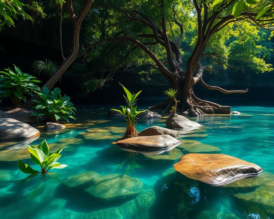 A serene and tranquil cenote hidden deep in the lush jungles of Yucatan. In the foreground, crystal-clear water reflects the vibrant green foliage surrounding the water's edge, with smooth, dark rocks creating natural seating areas. In the middle ground, a few hardy tropical plants reach towards the sun, while ancient trees arch over the cenote, their roots visible and intertwining with the stones. The background features a gradient of deep blues and greens, suggesting the vibrant aquatic life beneath the surface. Soft, dappled sunlight filters through the leaves, casting gentle reflections on the water's surface, evoking a peaceful and mystical atmosphere ideal for exploration. Capture the scene with a wide-angle lens to showcase the depth and natural beauty, emphasizing the secluded, untouched nature of this hidden gem. A serene and tranquil cenote hidden deep in the lush jungles of Yucatan. In the foreground, crystal-clear water reflects the vibrant green foliage surrounding the water's edge, with smooth, dark rocks creating natural seating areas. In the middle ground, a few hardy tropical plants reach towards the sun, while ancient trees arch over the cenote, their roots visible and intertwining with the stones. The background features a gradient of deep blues and greens, suggesting the vibrant aquatic life beneath the surface. Soft, dappled sunlight filters through the leaves, casting gentle reflections on the water's surface, evoking a peaceful and mystical atmosphere ideal for exploration. Capture the scene with a wide-angle lens to showcase the depth and natural beauty, emphasizing the secluded, untouched nature of this hidden gem.