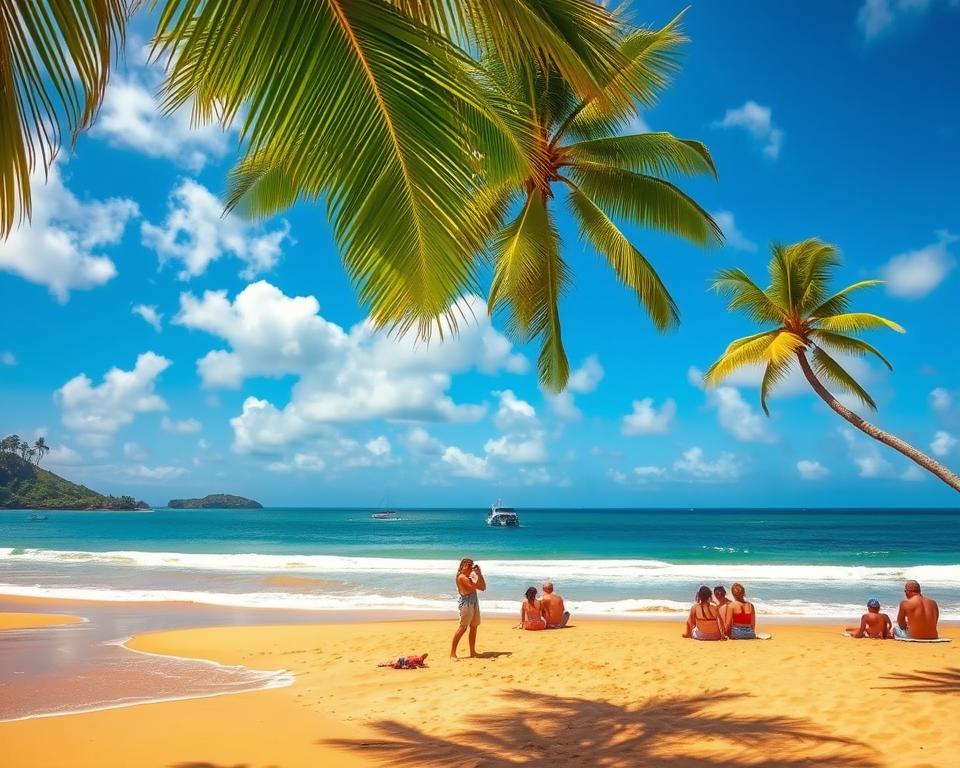 A serene beach scene at Manuel Antonio National Park, showcasing the lush tropical landscape and golden sand. In the foreground, gentle waves lap at the shore, while vibrant green palm trees sway softly in a light breeze. In the middle, sunbathers relax on the beach, dressed in modest casual clothing, enjoying the warm sun. A couple is captured taking photographs of the stunning view. In the background, azure skies blend with scattered fluffy white clouds, framing the expansive ocean dotted with distant boats. The overall atmosphere is tranquil and inviting, emphasizing the beauty and allure of this tropical paradise. The image should be bright and well-lit, evoking a sense of peace and relaxation, taken with a wide-angle lens to capture the expansive scene. A serene beach scene at Manuel Antonio National Park, showcasing the lush tropical landscape and golden sand. In the foreground, gentle waves lap at the shore, while vibrant green palm trees sway softly in a light breeze. In the middle, sunbathers relax on the beach, dressed in modest casual clothing, enjoying the warm sun. A couple is captured taking photographs of the stunning view. In the background, azure skies blend with scattered fluffy white clouds, framing the expansive ocean dotted with distant boats. The overall atmosphere is tranquil and inviting, emphasizing the beauty and allure of this tropical paradise. The image should be bright and well-lit, evoking a sense of peace and relaxation, taken with a wide-angle lens to capture the expansive scene.