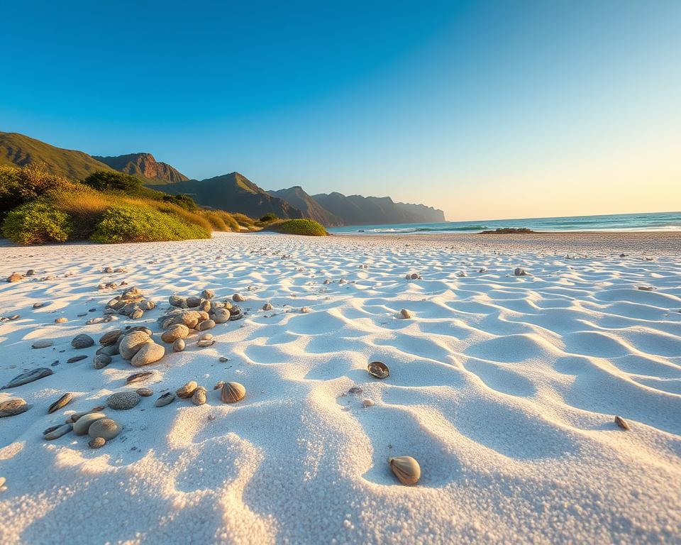 A serene beach scene at Playa de la Solapa, showcasing an unspoiled natural landscape dedicated to conservation. In the foreground, gentle waves lap at fine white sand, with clusters of smooth pebbles and delicate seashells scattered around. The middle ground features lush coastal vegetation, including clumps of native grasses and flowering plants, emphasizing a healthy ecosystem. In the background, a clear blue sky is illuminated by soft, golden sunlight, creating a tranquil atmosphere. Framing the scene, distant cliffs rise majestically, draped in greenery. The overall mood is peaceful and inviting, highlighting the importance of respecting nature. Capture this scene using a wide-angle lens to emphasize the expansive beauty, with a soft focus on the foreground enhancing a sense of depth. A serene beach scene at Playa de la Solapa, showcasing an unspoiled natural landscape dedicated to conservation. In the foreground, gentle waves lap at fine white sand, with clusters of smooth pebbles and delicate seashells scattered around. The middle ground features lush coastal vegetation, including clumps of native grasses and flowering plants, emphasizing a healthy ecosystem. In the background, a clear blue sky is illuminated by soft, golden sunlight, creating a tranquil atmosphere. Framing the scene, distant cliffs rise majestically, draped in greenery. The overall mood is peaceful and inviting, highlighting the importance of respecting nature. Capture this scene using a wide-angle lens to emphasize the expansive beauty, with a soft focus on the foreground enhancing a sense of depth.