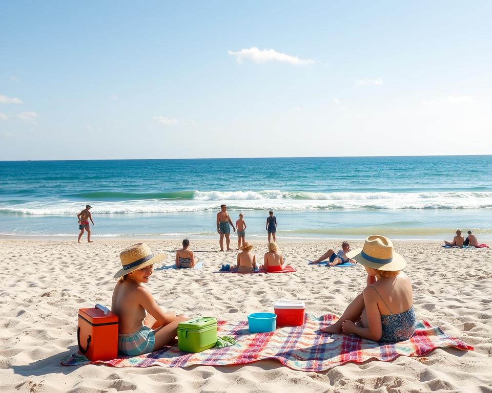 A serene beach scene capturing the essence of a budget-friendly day at Playa de la Solapa. In the foreground, a family enjoying a picnic on a cozy blanket, with colorful, modest beach accessories like a cooler and sun hats. In the middle, beachgoers are lounging on towels, some playing beach games, all dressed in casual summer attire, conveying a relaxed atmosphere. In the background, the gentle waves kiss the shore under a bright blue sky with soft, fluffy clouds, and a few distant palm trees sway gently in the breeze. The lighting is bright and cheerful, typical of a sunny afternoon, casting soft shadows on the sand. The overall mood is joyful and inviting, perfect for showcasing a memorable yet cost-effective beach day. A serene beach scene capturing the essence of a budget-friendly day at Playa de la Solapa. In the foreground, a family enjoying a picnic on a cozy blanket, with colorful, modest beach accessories like a cooler and sun hats. In the middle, beachgoers are lounging on towels, some playing beach games, all dressed in casual summer attire, conveying a relaxed atmosphere. In the background, the gentle waves kiss the shore under a bright blue sky with soft, fluffy clouds, and a few distant palm trees sway gently in the breeze. The lighting is bright and cheerful, typical of a sunny afternoon, casting soft shadows on the sand. The overall mood is joyful and inviting, perfect for showcasing a memorable yet cost-effective beach day.