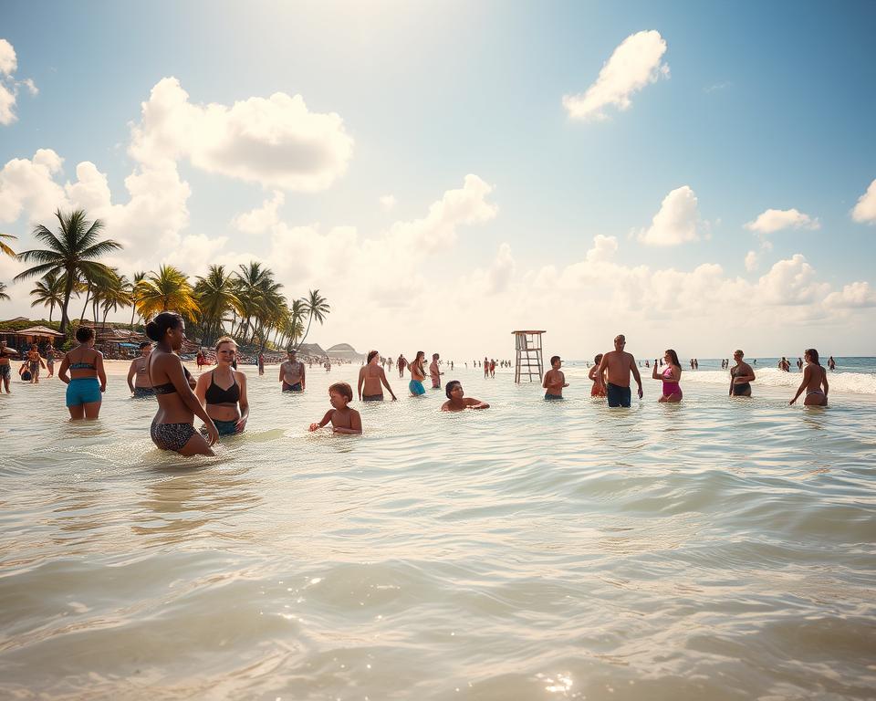 A serene beach scene depicting "sicher baden" at Playa de la Solapa. In the foreground, a diverse group of families and friends, dressed in modest casual clothing, are enjoying shallow waters, laughing and playing. The middle ground features gentle waves lapping at the shore, with a lifeguard stand visible, emphasizing safety. In the background, lush palm trees sway under a bright blue sky scattered with fluffy white clouds. The scene is bathed in warm, golden sunlight, casting soft, inviting shadows. A wide-angle view captures the vastness of the beach, conveying a tranquil atmosphere that encourages relaxation and enjoyment, while highlighting the importance of safety at the beach. A serene beach scene depicting "sicher baden" at Playa de la Solapa. In the foreground, a diverse group of families and friends, dressed in modest casual clothing, are enjoying shallow waters, laughing and playing. The middle ground features gentle waves lapping at the shore, with a lifeguard stand visible, emphasizing safety. In the background, lush palm trees sway under a bright blue sky scattered with fluffy white clouds. The scene is bathed in warm, golden sunlight, casting soft, inviting shadows. A wide-angle view captures the vastness of the beach, conveying a tranquil atmosphere that encourages relaxation and enjoyment, while highlighting the importance of safety at the beach.