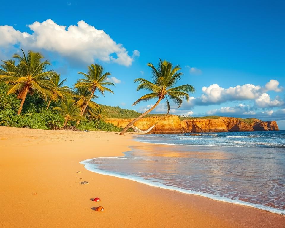 A serene beach scene on the Pacific Coast of Oaxaca, showcasing pristine, golden sand lined with lush, green palm trees. In the foreground, gentle ocean waves kiss the shore, while a few colorful sea shells are scattered in the sand. The middle ground features a peaceful hammock swaying between two palm trees, inviting visitors to relax. In the background, faintly visible, are dramatic cliffs adorned with vibrant tropical vegetation, under a clear blue sky with soft, fluffy white clouds. The sunlight casts a warm, golden glow, enhancing the tranquil atmosphere that evokes a sense of escape from the crowds. The entire scene is designed to reflect a perfect, unspoiled beach getaway, ideal for nature lovers seeking solitude.