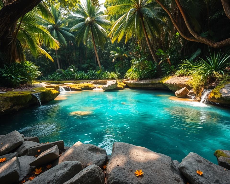 A serene cenote in the Yucatan Peninsula, featuring crystal clear turquoise water surrounded by lush tropical greenery. In the foreground, smooth stones and scattered tropical flowers frame the inviting water. The middle ground showcases the cenote's rocky edges, adorned with vibrant moss and small cascading waterfalls. The background is a dense forest of tall palm trees and exotic plants, bathed in warm, dappled sunlight filtering through the leaves. The atmosphere is tranquil and mystical, evoking a sense of ancient ritual and natural beauty. Capture the scene from a slightly elevated angle, using soft focus on the foreground to highlight the vibrant colors and serene environment. No people or text elements should be included. A serene cenote in the Yucatan Peninsula, featuring crystal clear turquoise water surrounded by lush tropical greenery. In the foreground, smooth stones and scattered tropical flowers frame the inviting water. The middle ground showcases the cenote's rocky edges, adorned with vibrant moss and small cascading waterfalls. The background is a dense forest of tall palm trees and exotic plants, bathed in warm, dappled sunlight filtering through the leaves. The atmosphere is tranquil and mystical, evoking a sense of ancient ritual and natural beauty. Capture the scene from a slightly elevated angle, using soft focus on the foreground to highlight the vibrant colors and serene environment. No people or text elements should be included.
