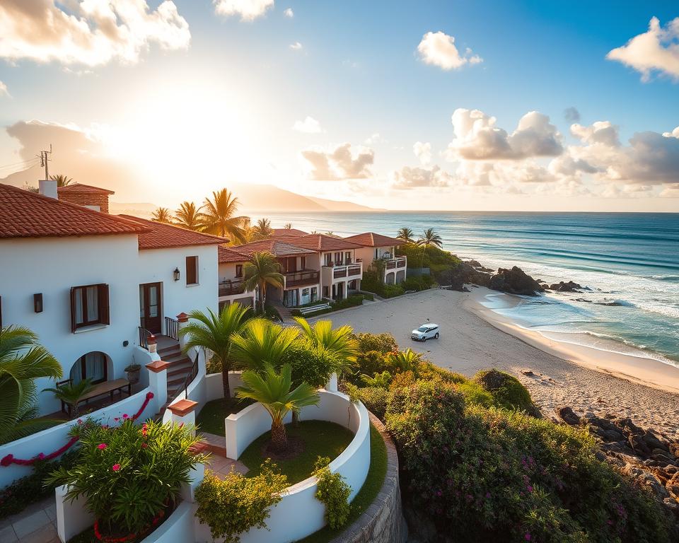 A serene coastal scene featuring charming accommodations near Playa de la Solapa. In the foreground, display a cozy, elegantly designed beachside hotel with whitewashed walls and terracotta roofs, surrounded by lush tropical plants and flowers. In the middle ground, showcase several inviting vacation apartments with private balconies overlooking the pristine sandy beach and gently lapping waves. The background highlights the sun setting over the ocean, casting a warm golden glow across the scene, while soft white clouds drift in a vibrant blue sky. The atmosphere is tranquil and inviting, evoking a sense of relaxation and escape, perfect for a romantic getaway or family vacation. Aim for a slightly elevated angle to capture the beauty of the landscape and ensure it is bathed in soft, natural lighting for a dreamy effect. A serene coastal scene featuring charming accommodations near Playa de la Solapa. In the foreground, display a cozy, elegantly designed beachside hotel with whitewashed walls and terracotta roofs, surrounded by lush tropical plants and flowers. In the middle ground, showcase several inviting vacation apartments with private balconies overlooking the pristine sandy beach and gently lapping waves. The background highlights the sun setting over the ocean, casting a warm golden glow across the scene, while soft white clouds drift in a vibrant blue sky. The atmosphere is tranquil and inviting, evoking a sense of relaxation and escape, perfect for a romantic getaway or family vacation. Aim for a slightly elevated angle to capture the beauty of the landscape and ensure it is bathed in soft, natural lighting for a dreamy effect.