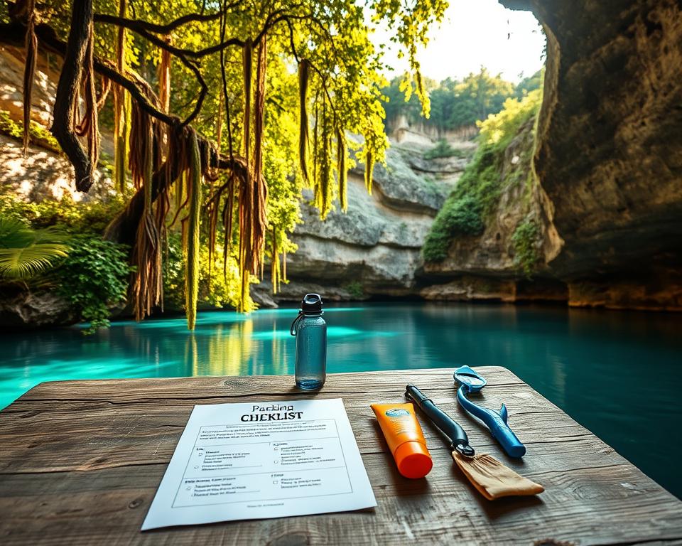 A serene depiction of a "Cenote" in Yucatan, showcasing a lush, tropical setting. In the foreground, include a neatly organized packing checklist on a weathered wooden table featuring essential items such as snorkeling gear, a water bottle, sunscreen, and a map of cenotes. The middle ground reveals a stunning cenote with crystal-clear turquoise water, surrounded by vibrant green foliage and hanging vines. The background shows gently sloping limestone cliffs, capturing the unique geological features of the region. The scene is illuminated by warm, golden sunlight filtering through the trees, creating dappled reflections on the water, evoking a peaceful and adventurous atmosphere. The perspective should be from a slightly elevated angle, giving an overview of the packing essentials in harmony with the cenote's natural beauty. A serene depiction of a "Cenote" in Yucatan, showcasing a lush, tropical setting. In the foreground, include a neatly organized packing checklist on a weathered wooden table featuring essential items such as snorkeling gear, a water bottle, sunscreen, and a map of cenotes. The middle ground reveals a stunning cenote with crystal-clear turquoise water, surrounded by vibrant green foliage and hanging vines. The background shows gently sloping limestone cliffs, capturing the unique geological features of the region. The scene is illuminated by warm, golden sunlight filtering through the trees, creating dappled reflections on the water, evoking a peaceful and adventurous atmosphere. The perspective should be from a slightly elevated angle, giving an overview of the packing essentials in harmony with the cenote's natural beauty.