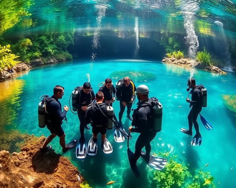 A serene dive site at a cenote in Mexico, showcasing crystal-clear turquoise waters surrounded by lush greenery and rocky formations. In the foreground, a group of divers in professional diving gear, including wetsuits and fins, are preparing their equipment, illustrating the necessary certification for diving here. The middle ground features vibrant aquatic life, such as small fish and underwater plants, enhancing the sense of exploration. In the background, sunlight filters through the surface, creating shimmering patterns on the water. Capture the scene with a wide-angle lens to encompass both the divers' activity and the natural beauty, ensuring the atmosphere conveys excitement and adventure while emphasizing the importance of safety and preparation in underwater exploration. A serene dive site at a cenote in Mexico, showcasing crystal-clear turquoise waters surrounded by lush greenery and rocky formations. In the foreground, a group of divers in professional diving gear, including wetsuits and fins, are preparing their equipment, illustrating the necessary certification for diving here. The middle ground features vibrant aquatic life, such as small fish and underwater plants, enhancing the sense of exploration. In the background, sunlight filters through the surface, creating shimmering patterns on the water. Capture the scene with a wide-angle lens to encompass both the divers' activity and the natural beauty, ensuring the atmosphere conveys excitement and adventure while emphasizing the importance of safety and preparation in underwater exploration.