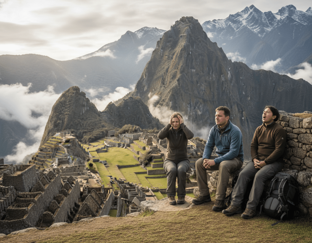 A serene high-altitude landscape depicting the symptoms of altitude sickness around Machu Picchu. In the foreground, a group of three travelers, wearing modest outdoor clothing and displaying visible signs of altitude sickness: one is clutching their head in discomfort, another is sitting on a rock, looking fatigued, and the third is leaning against a stone wall, breathing heavily. The middle ground features the iconic ruins of Machu Picchu shrouded in mist, under a bright yet diffused sunlight that softens the harshness of the environment. In the background, the majestic Andes mountains rise sharply, their peaks capped with snow. The atmosphere feels heavy yet tranquil, conveying the stillness of the high altitude while hinting at the challenges of adjusting to it. The composition captures an emotional resonance, illustrating both beauty and struggle.