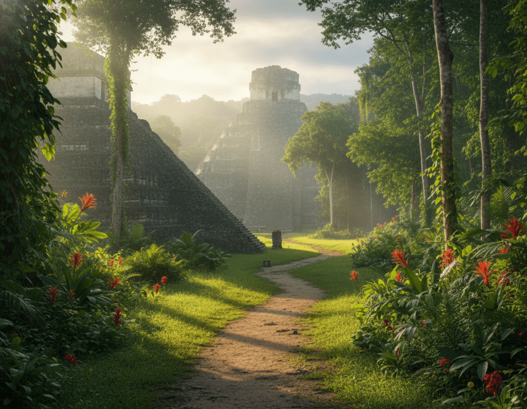A serene jungle landscape depicting Tikal, Guatemala, during the best travel time for jungle exploration. In the foreground, lush greenery with vibrant tropical plants and flowers, perhaps an ancient Mayan temple peeking through the foliage. The middle ground features a clear path winding through the jungle, with morning light filtering through the trees, creating a dappled effect on the ground. In the background, majestic pyramids of Tikal rise above the treetops, enveloped in mist, capturing the essence of an early morning in the rainforest. The scene is vibrant with soft, warm lighting that conveys a sense of tranquility and adventure, inviting viewers to discover the wonders of the ancient Mayan city nestled in its jungle setting. A serene jungle landscape depicting Tikal, Guatemala, during the best travel time for jungle exploration. In the foreground, lush greenery with vibrant tropical plants and flowers, perhaps an ancient Mayan temple peeking through the foliage. The middle ground features a clear path winding through the jungle, with morning light filtering through the trees, creating a dappled effect on the ground. In the background, majestic pyramids of Tikal rise above the treetops, enveloped in mist, capturing the essence of an early morning in the rainforest. The scene is vibrant with soft, warm lighting that conveys a sense of tranquility and adventure, inviting viewers to discover the wonders of the ancient Mayan city nestled in its jungle setting.