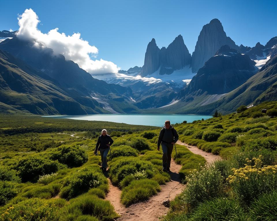 A serene landscape in Torres del Paine National Park, showcasing the magnificent mountains and glacial lakes that define Patagonia. In the foreground, a well-marked hiking trail winds through lush, low-lying vegetation, with hikers in modest outdoor clothing practicing Leave No Trace principles, picking up litter. The middle ground features striking granite peaks, partially shrouded in wispy clouds, while wildflowers dot the landscape, emphasizing nature's beauty. In the background, the sunlight casts a warm glow over the mountains, creating dramatic shadows and highlighting the textures of the rock faces. The atmosphere is calm and responsible, embodying sustainable exploration in a breathtaking natural environment, perfect for inspiring eco-conscious adventurers. A serene landscape in Torres del Paine National Park, showcasing the magnificent mountains and glacial lakes that define Patagonia. In the foreground, a well-marked hiking trail winds through lush, low-lying vegetation, with hikers in modest outdoor clothing practicing Leave No Trace principles, picking up litter. The middle ground features striking granite peaks, partially shrouded in wispy clouds, while wildflowers dot the landscape, emphasizing nature's beauty. In the background, the sunlight casts a warm glow over the mountains, creating dramatic shadows and highlighting the textures of the rock faces. The atmosphere is calm and responsible, embodying sustainable exploration in a breathtaking natural environment, perfect for inspiring eco-conscious adventurers.