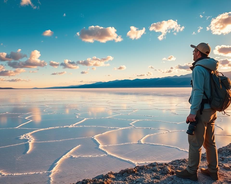 A serene landscape of the Uyuni Salt Flats in Bolivia, showcasing the vast reflective surface of the salt crust under a bright blue sky with scattered fluffy clouds. In the foreground, a rugged, well-equipped traveler dressed in modest casual clothing stands admiring the view, holding a camera. The midground highlights the unique geometric patterns of the salt formations, glimmering in the sunlight, while emphasizing a sense of adventure and exploration. The background features distant mountain ranges and the horizon blending softly into a gradient of colors as the sun sets, creating a warm and inviting atmosphere. The lighting is soft and natural, simulating the golden hour, capturing the beauty and tranquility of this stunning environment. The composition conveys a mood of peace and responsibility towards nature.