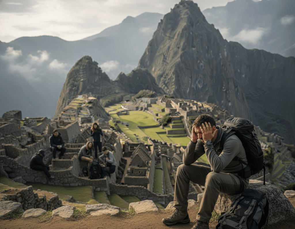 A serene mountainous landscape depicting symptoms of altitude sickness. In the foreground, a traveler in professional outdoor attire looks distressed, leaning against a rocky outcrop, clutching their head in discomfort. Sweat drips from their brow, and their eyes convey exhaustion. In the middle ground, a group of hikers appears fatigued, some sitting on rocks, while others sip water, showing signs of shortness of breath and dizziness. Above, the majestic peaks of Machu Picchu are visible, shrouded slightly in mist, enhancing the altitude atmosphere. The lighting is soft and diffused, suggesting early morning or late afternoon, casting gentle shadows. The mood is slightly tense, with an emphasis on the struggle against the challenges of high altitude.