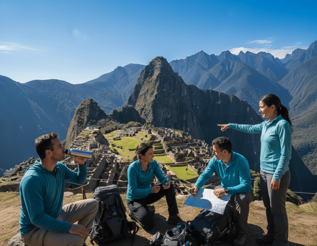 A serene outdoor scene at high altitude, showcasing a majestic view of Machu Picchu in the background under a clear blue sky. In the foreground, a diverse group of individuals (two men and two women) dressed in modest, breathable hiking attire are engaging in preventive measures against altitude sickness. They are demonstrating hydration practices, checking pulse oximeters, and discussing acclimatization techniques. The lighting is bright and natural, enhancing the vibrant green of the surrounding mountains and the stone ruins of Machu Picchu. The atmosphere is one of camaraderie and adventure, reflecting both the beauty and challenge of high-altitude trekking. Use a wide-angle lens to capture both the stunning landscape and the group’s focused interactions, ensuring a balanced composition with depth.