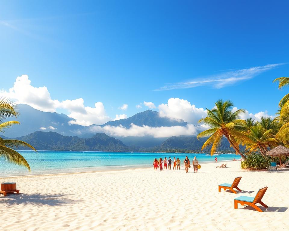 A serene, picturesque scene showcasing a safe travel destination in Honduras. In the foreground, a vibrant tropical beach with fine white sand and turquoise waters, dotted with beach umbrellas and small, tasteful beach chairs. To the sides, lush green palm trees sway gently in the warm breeze. In the middle ground, a small group of tourists, dressed in modest casual clothing, enjoy a relaxing moment, perhaps sipping coconut water. The background features stunning mountainous landscapes, partially shrouded in soft mist under a bright blue sky, with a few fluffy white clouds. The scene is bathed in warm, golden sunlight, evoking a sense of tranquility and safety, perfect for a travel guide illustration. A serene, picturesque scene showcasing a safe travel destination in Honduras. In the foreground, a vibrant tropical beach with fine white sand and turquoise waters, dotted with beach umbrellas and small, tasteful beach chairs. To the sides, lush green palm trees sway gently in the warm breeze. In the middle ground, a small group of tourists, dressed in modest casual clothing, enjoy a relaxing moment, perhaps sipping coconut water. The background features stunning mountainous landscapes, partially shrouded in soft mist under a bright blue sky, with a few fluffy white clouds. The scene is bathed in warm, golden sunlight, evoking a sense of tranquility and safety, perfect for a travel guide illustration.