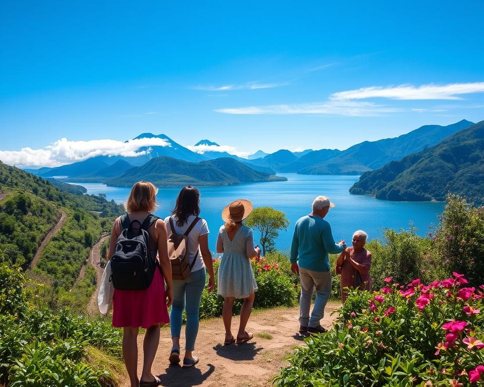 A serene scene at Lake Atitlán in Guatemala, capturing the essence of sustainable travel. In the foreground, a small group of three travelers, dressed in modest casual clothing, is exploring the lush, green trails leading to the lake. They are engaged with a local artisan, showcasing handcrafted goods, symbolizing community engagement. In the middle ground, the shimmering blue waters of Lake Atitlán reflect the surrounding majestic volcanoes, partially covered by wispy clouds. The background features vibrant floral vegetation, with wintry green mountains and a clear blue sky overhead, indicating a sunny day. The mood is tranquil and inviting, highlighting eco-friendly practices and cultural appreciation. Soft, natural lighting enhances the scene, evoking a sense of harmony with nature and local communities. A serene scene at Lake Atitlán in Guatemala, capturing the essence of sustainable travel. In the foreground, a small group of three travelers, dressed in modest casual clothing, is exploring the lush, green trails leading to the lake. They are engaged with a local artisan, showcasing handcrafted goods, symbolizing community engagement. In the middle ground, the shimmering blue waters of Lake Atitlán reflect the surrounding majestic volcanoes, partially covered by wispy clouds. The background features vibrant floral vegetation, with wintry green mountains and a clear blue sky overhead, indicating a sunny day. The mood is tranquil and inviting, highlighting eco-friendly practices and cultural appreciation. Soft, natural lighting enhances the scene, evoking a sense of harmony with nature and local communities.