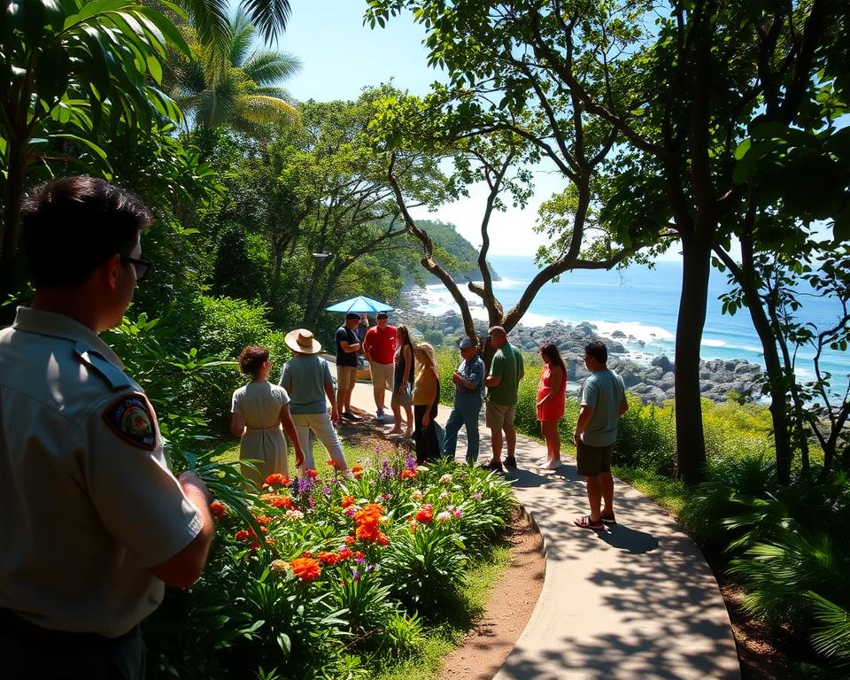 A serene scene depicting "Sicherheit Manuel Antonio" in a lush tropical environment. In the foreground, a professional park ranger in modest casual clothing is conducting safety demonstrations, interacting with small groups of tourists. The middle ground features dense green foliage, vibrant flowers, and a well-marked trail, conveying a sense of safety and accessibility in the national park. In the background, the stunning coastline of Manuel Antonio is visible, with gentle waves lapping against rocky shores under a clear blue sky. Soft, natural sunlight filters through the trees, casting dappled shadows on the path. The atmosphere is inviting and reassuring, promoting a sense of well-being and comfort for visitors exploring the park. A serene scene depicting "Sicherheit Manuel Antonio" in a lush tropical environment. In the foreground, a professional park ranger in modest casual clothing is conducting safety demonstrations, interacting with small groups of tourists. The middle ground features dense green foliage, vibrant flowers, and a well-marked trail, conveying a sense of safety and accessibility in the national park. In the background, the stunning coastline of Manuel Antonio is visible, with gentle waves lapping against rocky shores under a clear blue sky. Soft, natural sunlight filters through the trees, casting dappled shadows on the path. The atmosphere is inviting and reassuring, promoting a sense of well-being and comfort for visitors exploring the park.