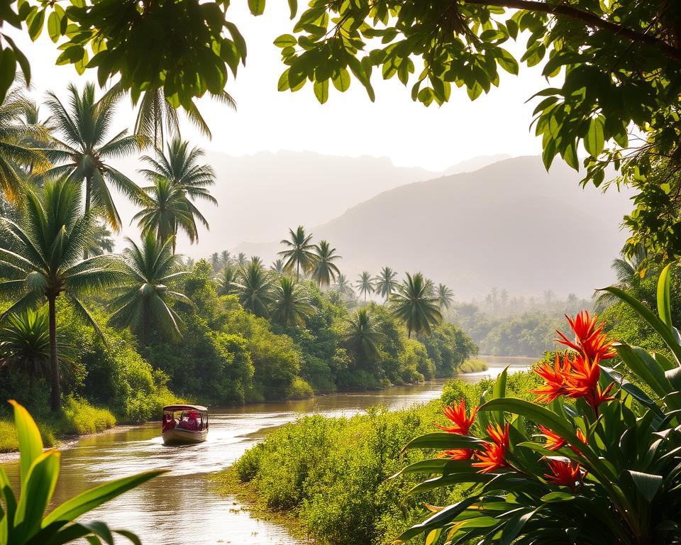 A serene scene depicting Tortuguero National Park in Costa Rica, focusing on a lush landscape teeming with vibrant greenery and tropical plants. In the foreground, a gently flowing river meanders through the dense jungle, with a few small boats quietly navigating the waters. The middle ground showcases a rich assortment of flora, including towering palm trees and exotic flowers splashed with vivid colors. In the background, misty hills fade into the distance, shrouded in soft fog, creating a sense of depth. The lighting is warm and inviting, with sunlight filtering through the leaves, casting dappled shadows on the ground. The atmosphere is tranquil, evoking a sense of adventure and natural beauty, inviting exploration and discovery in this remarkable ecosystem. Capture this enchanting environment with a slight wide-angle lens perspective to enhance the expansive feel of the park.
