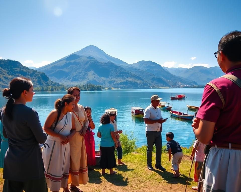 A serene scene depicting respectful travel at Lago Atitlán in Guatemala. In the foreground, a small group of local indigenous people in modest, traditional attire warmly interacting with visitors, showcasing their culture. The middle ground features a tranquil lake with vibrant blue water reflecting the lush, mountainous landscape, dotted with colorful traditional boats. In the background, the majestic volcanic mountains rise under a clear sky, with soft, diffused sunlight illuminating the scene, creating a peaceful and inviting atmosphere. The angle captures an expansive view, emphasizing the harmonious relationship between nature and culture. Aim for a warm, inviting mood that encourages connection with the local traditions. A serene scene depicting respectful travel at Lago Atitlán in Guatemala. In the foreground, a small group of local indigenous people in modest, traditional attire warmly interacting with visitors, showcasing their culture. The middle ground features a tranquil lake with vibrant blue water reflecting the lush, mountainous landscape, dotted with colorful traditional boats. In the background, the majestic volcanic mountains rise under a clear sky, with soft, diffused sunlight illuminating the scene, creating a peaceful and inviting atmosphere. The angle captures an expansive view, emphasizing the harmonious relationship between nature and culture. Aim for a warm, inviting mood that encourages connection with the local traditions.