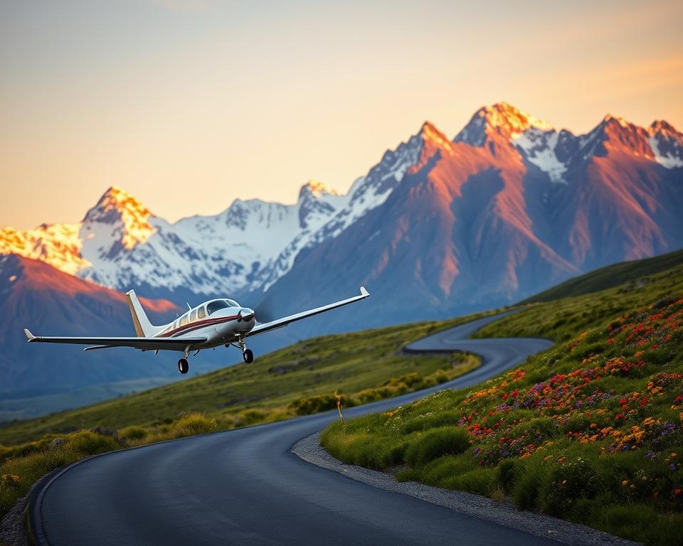 A serene scene illustrating a journey to El Calafate, Argentina. In the foreground, a small, modern aircraft is taking off against a backdrop of stunning Patagonian mountains, with their snow-capped peaks reflecting the golden light of the setting sun. In the middle ground, a winding road leads through a lush, green landscape dotted with vibrant wildflowers, hinting at adventurous travel routes. The background features the vast expanse of the sky, transitioning from warm oranges and pinks to deep blues, creating a peaceful atmosphere. The lighting should evoke a calm evening, with soft shadows cast by the mountains. The image captures the excitement and tranquility of embarking on a journey to visit the magnificent Perito Moreno Glacier. A serene scene illustrating a journey to El Calafate, Argentina. In the foreground, a small, modern aircraft is taking off against a backdrop of stunning Patagonian mountains, with their snow-capped peaks reflecting the golden light of the setting sun. In the middle ground, a winding road leads through a lush, green landscape dotted with vibrant wildflowers, hinting at adventurous travel routes. The background features the vast expanse of the sky, transitioning from warm oranges and pinks to deep blues, creating a peaceful atmosphere. The lighting should evoke a calm evening, with soft shadows cast by the mountains. The image captures the excitement and tranquility of embarking on a journey to visit the magnificent Perito Moreno Glacier.