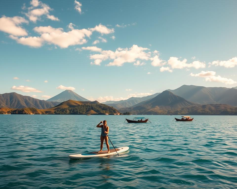 A serene scene of Lake Atitlán, Guatemala, showcasing the beauty of stand-up paddleboarding (SUP). In the foreground, a person in modest active wear paddles gently across the sparkling, turquoise waters, creating soft ripples. In the middle ground, vibrant green hills envelop the lake and traditional wooden boats float lazily. Majestic volcanoes rise in the distance under a bright blue sky, scattered with delicate clouds that reflect the late afternoon sunlight. The scene captures an atmosphere of tranquility and adventure, emphasizing the connection between nature and outdoor activity. The lighting is warm, casting golden hues over the landscape, enhancing the beauty of this breathtaking setting. The scene should be shot from a slightly elevated angle to capture the expansiveness of the lake and its surroundings. A serene scene of Lake Atitlán, Guatemala, showcasing the beauty of stand-up paddleboarding (SUP). In the foreground, a person in modest active wear paddles gently across the sparkling, turquoise waters, creating soft ripples. In the middle ground, vibrant green hills envelop the lake and traditional wooden boats float lazily. Majestic volcanoes rise in the distance under a bright blue sky, scattered with delicate clouds that reflect the late afternoon sunlight. The scene captures an atmosphere of tranquility and adventure, emphasizing the connection between nature and outdoor activity. The lighting is warm, casting golden hues over the landscape, enhancing the beauty of this breathtaking setting. The scene should be shot from a slightly elevated angle to capture the expansiveness of the lake and its surroundings.