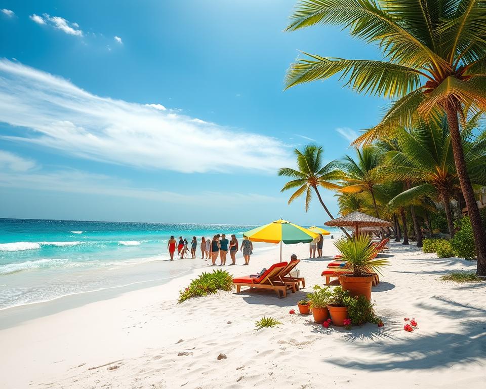 A serene scene of Riviera Maya featuring a stunning Caribbean beach, with soft white sand and gentle turquoise waves lapping at the shore. In the foreground, a few beach chairs with colorful umbrellas provide a welcoming spot for relaxation, while small tropical plants and vibrant flowers add a touch of local flora. The middle ground reveals a group of tourists in modest casual clothing, leisurely enjoying the beautiful landscape, perhaps exploring a nearby cenote or engaging with local Maya-inspired cultural elements. In the background, lush green palms sway under a clear blue sky, accentuated by soft sunlight casting a warm glow over the scene, creating an atmosphere of tranquility and adventure. Capture this at a wide angle to showcase the vastness of the beach and the richness of the scenery.