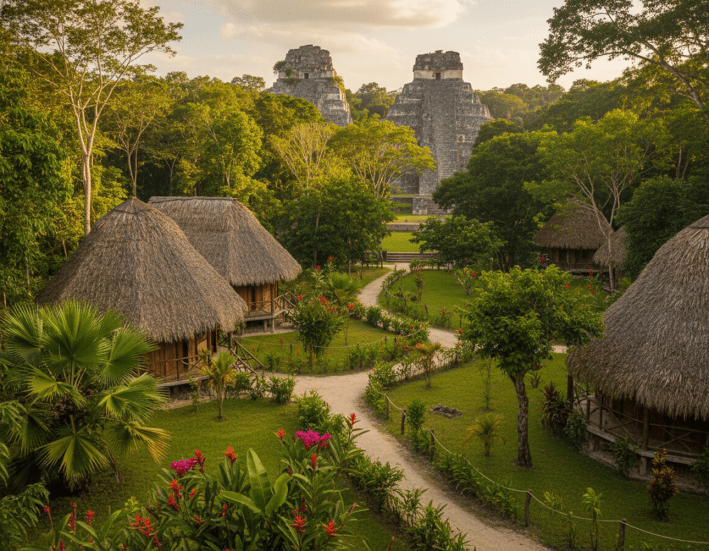 A serene scene of Tikal hotels nestled in the lush Guatemalan jungle, showcasing unique architecture that harmonizes with the vibrant green foliage. In the foreground, wooden bungalows with thatched roofs blend seamlessly into the environment, surrounded by tropical plants and colorful flowers. The middle ground features trails leading to the hotels, with lush trees creating a canopy overhead, allowing dappled sunlight to filter through. In the background, ancient Mayan pyramids peek through the dense jungle, enhancing the sense of history. The atmosphere is tranquil and inviting, with soft, warm lighting reminiscent of late afternoon. The composition should be captured with a wide-angle lens from a slightly elevated perspective, emphasizing the stunning integration of hospitality within nature. A serene scene of Tikal hotels nestled in the lush Guatemalan jungle, showcasing unique architecture that harmonizes with the vibrant green foliage. In the foreground, wooden bungalows with thatched roofs blend seamlessly into the environment, surrounded by tropical plants and colorful flowers. The middle ground features trails leading to the hotels, with lush trees creating a canopy overhead, allowing dappled sunlight to filter through. In the background, ancient Mayan pyramids peek through the dense jungle, enhancing the sense of history. The atmosphere is tranquil and inviting, with soft, warm lighting reminiscent of late afternoon. The composition should be captured with a wide-angle lens from a slightly elevated perspective, emphasizing the stunning integration of hospitality within nature.