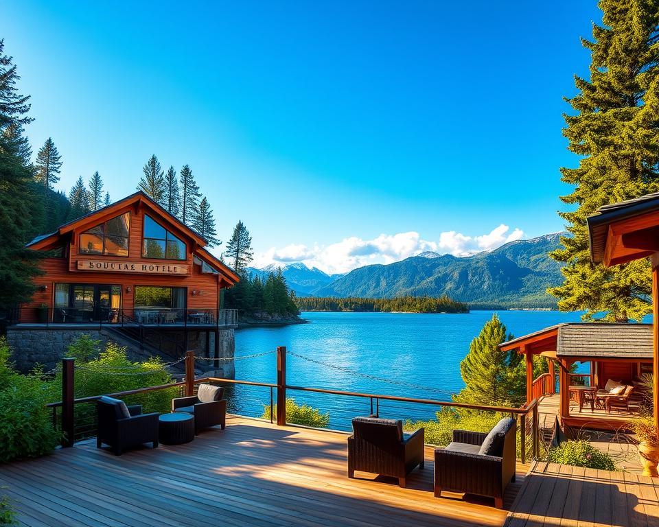 A serene scene of accommodations by Lake Nahuel Huapi in Argentina, featuring a stylish boutique hotel and a cozy lodge nestled among the lush greenery. In the foreground, a beautiful wooden deck overlooks the clear blue lake, with comfortable outdoor seating arranged for relaxation. The middle ground showcases the boutique hotel with large windows reflecting the natural surroundings, along with a welcoming lodge adorned with rustic charm. In the background, majestic mountains rise against a bright blue sky with fluffy white clouds. Warm, golden sunlight casts a gentle glow across the landscape, creating a peaceful and inviting atmosphere. The angle is slightly elevated, capturing the expanse of the lake and the harmonious blend of architecture with nature. A serene scene of accommodations by Lake Nahuel Huapi in Argentina, featuring a stylish boutique hotel and a cozy lodge nestled among the lush greenery. In the foreground, a beautiful wooden deck overlooks the clear blue lake, with comfortable outdoor seating arranged for relaxation. The middle ground showcases the boutique hotel with large windows reflecting the natural surroundings, along with a welcoming lodge adorned with rustic charm. In the background, majestic mountains rise against a bright blue sky with fluffy white clouds. Warm, golden sunlight casts a gentle glow across the landscape, creating a peaceful and inviting atmosphere. The angle is slightly elevated, capturing the expanse of the lake and the harmonious blend of architecture with nature.