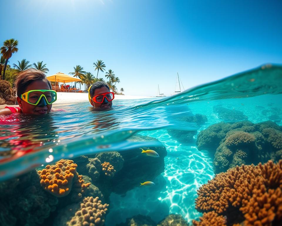A serene scene of snorkeling at Playa de la Solapa captures the essence of adventure and relaxation. In the foreground, a pair of individuals wearing colorful snorkeling gear explore vibrant coral reefs teeming with tropical fish, their joy evident as they interact with the underwater world. The middle ground features clear, azure water gently lapping against the sandy shore, illuminated by the bright sunlight filtering through the surface. The background showcases a picturesque beach lined with lush palm trees and bright sun umbrellas casting playful shadows. A few sailboats are anchored in the distance, with a clear blue sky overhead. The atmosphere is warm and inviting, evoking a sense of wonder and tranquility. Soft ripples in the water reflect shimmering sunlight, enhancing the overall idyllic mood of this tropical paradise. A serene scene of snorkeling at Playa de la Solapa captures the essence of adventure and relaxation. In the foreground, a pair of individuals wearing colorful snorkeling gear explore vibrant coral reefs teeming with tropical fish, their joy evident as they interact with the underwater world. The middle ground features clear, azure water gently lapping against the sandy shore, illuminated by the bright sunlight filtering through the surface. The background showcases a picturesque beach lined with lush palm trees and bright sun umbrellas casting playful shadows. A few sailboats are anchored in the distance, with a clear blue sky overhead. The atmosphere is warm and inviting, evoking a sense of wonder and tranquility. Soft ripples in the water reflect shimmering sunlight, enhancing the overall idyllic mood of this tropical paradise.